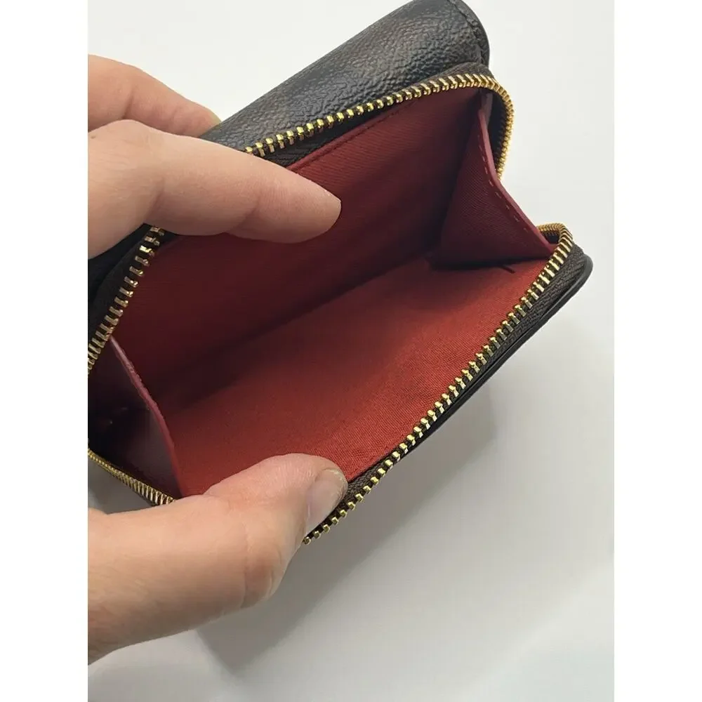 Coach Small Signature Monogram Canvas red leather Trifold Wallet mini compact